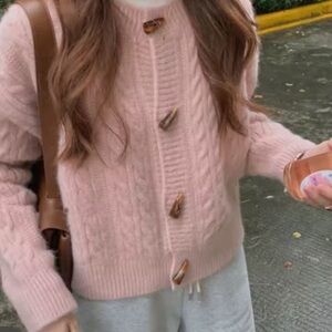 Pink Vintage Style Cable Knit Tooth Button-Up Cardigan Sweater